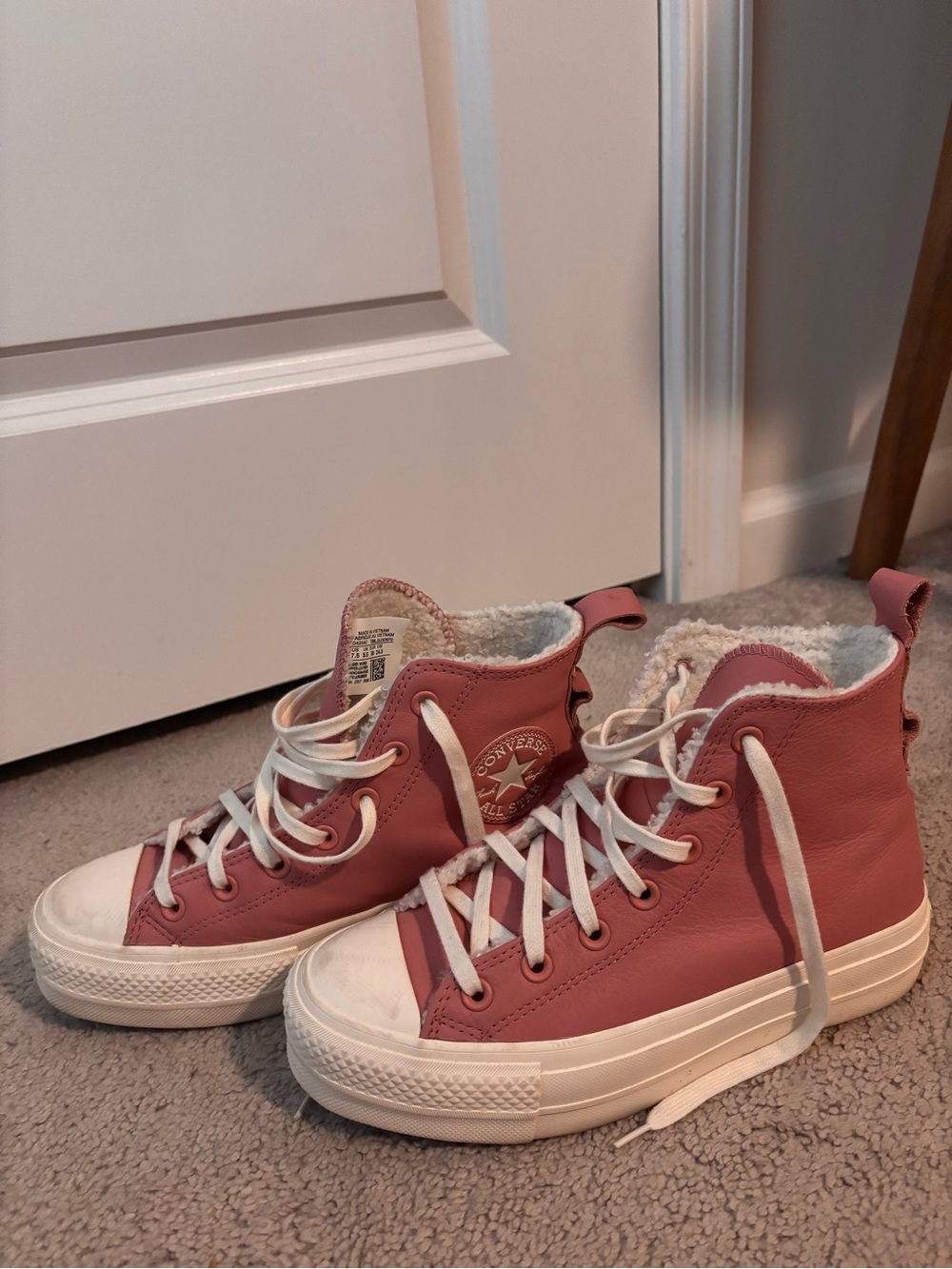 Converse Pink High-Top Sneakers with White Sherpa Collar